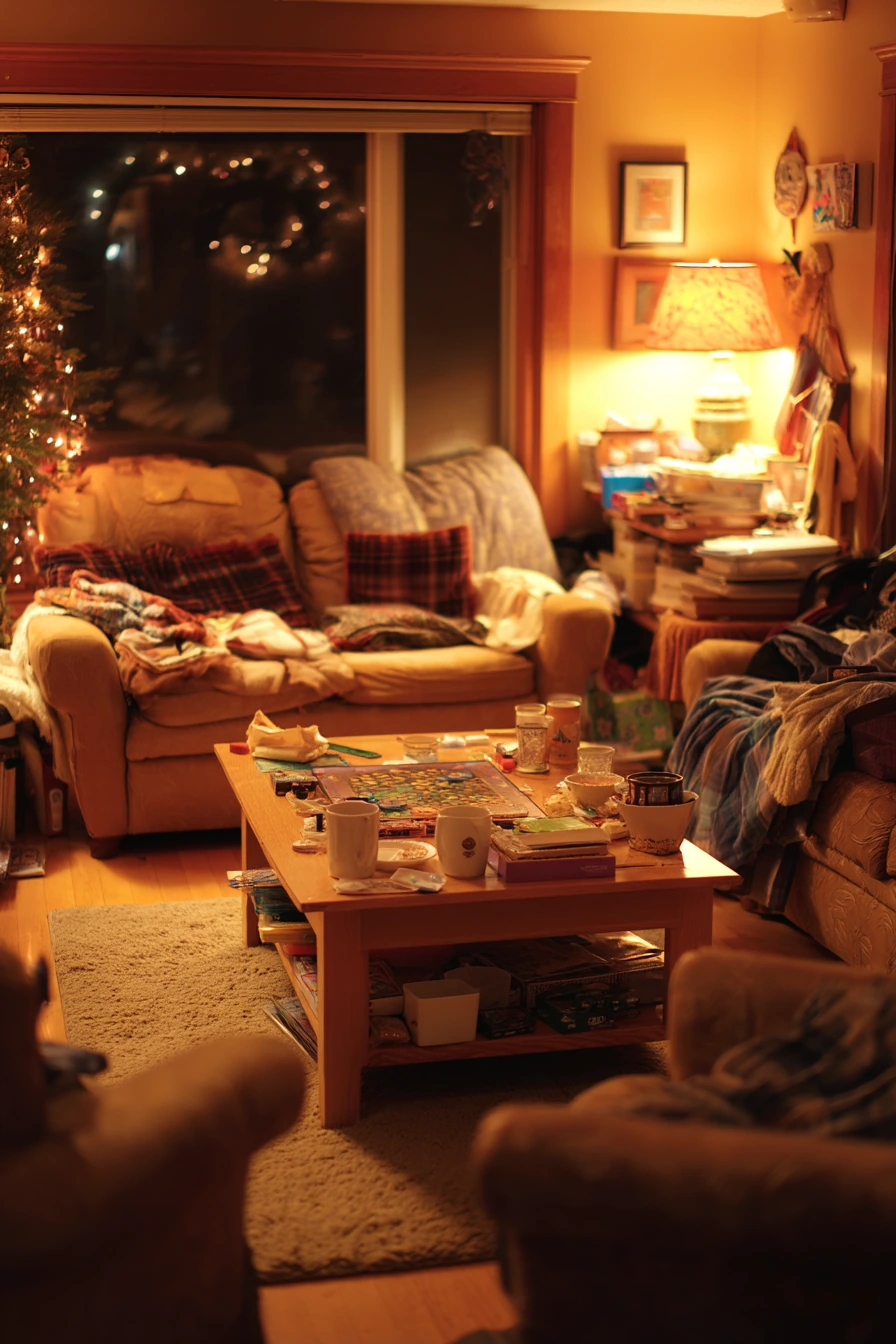 Holiday Evening Living Room with Cozy Overflow
