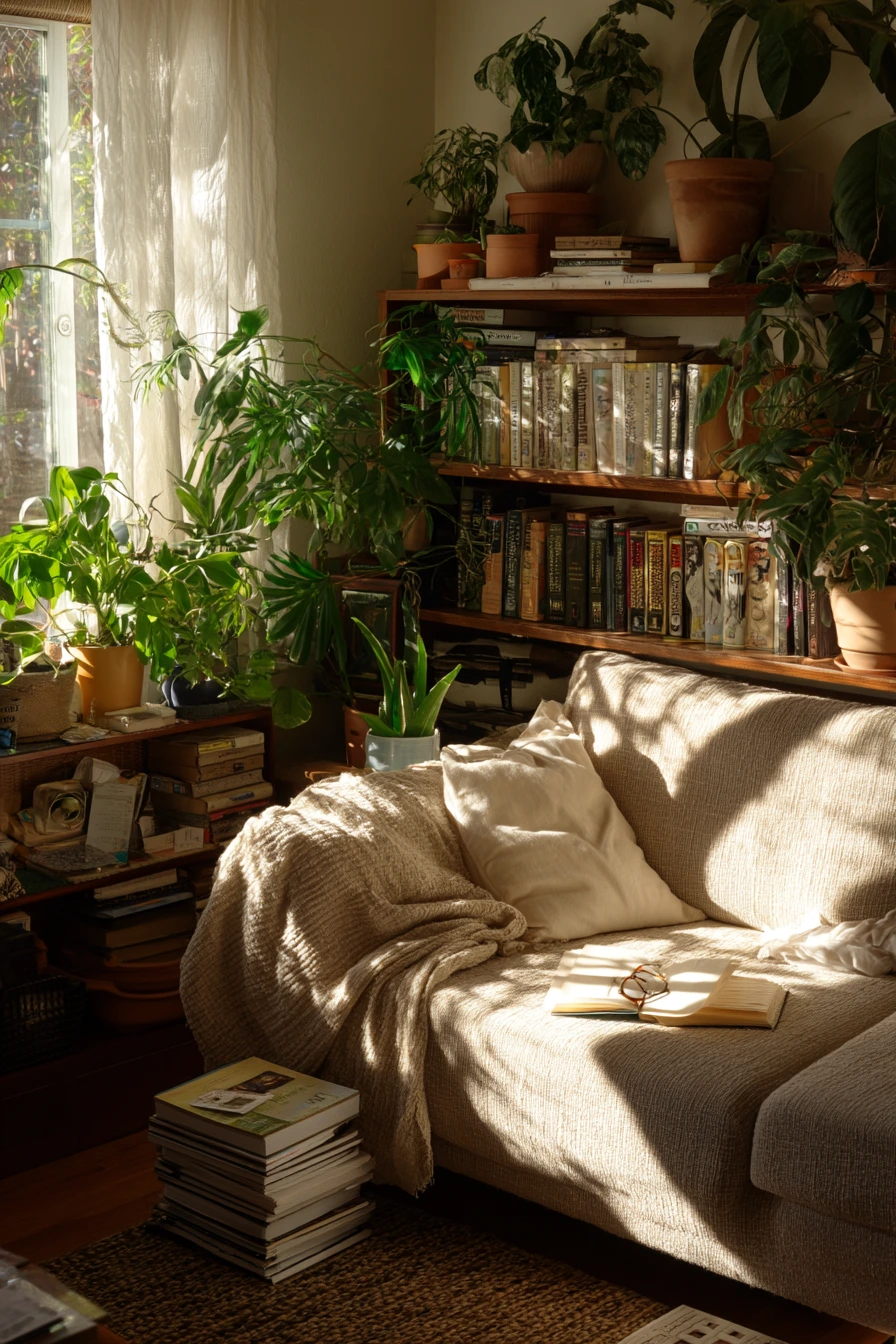 Plant-Filled Reading Room with Gentle Chaos