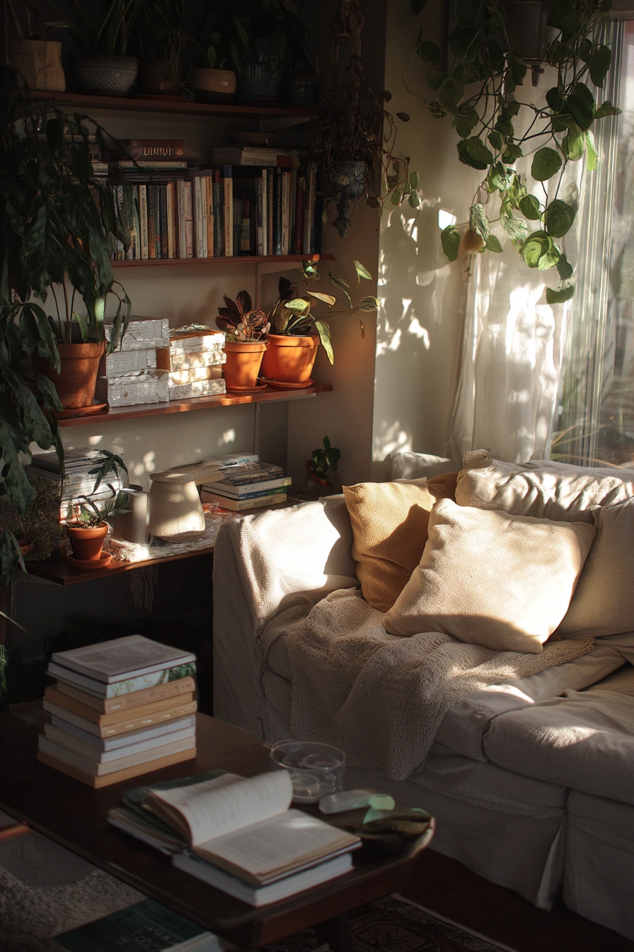 Plant-Filled Reading Room with Gentle Chaos