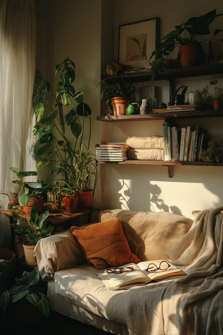 Plant-Filled Reading Room with Gentle Chaos