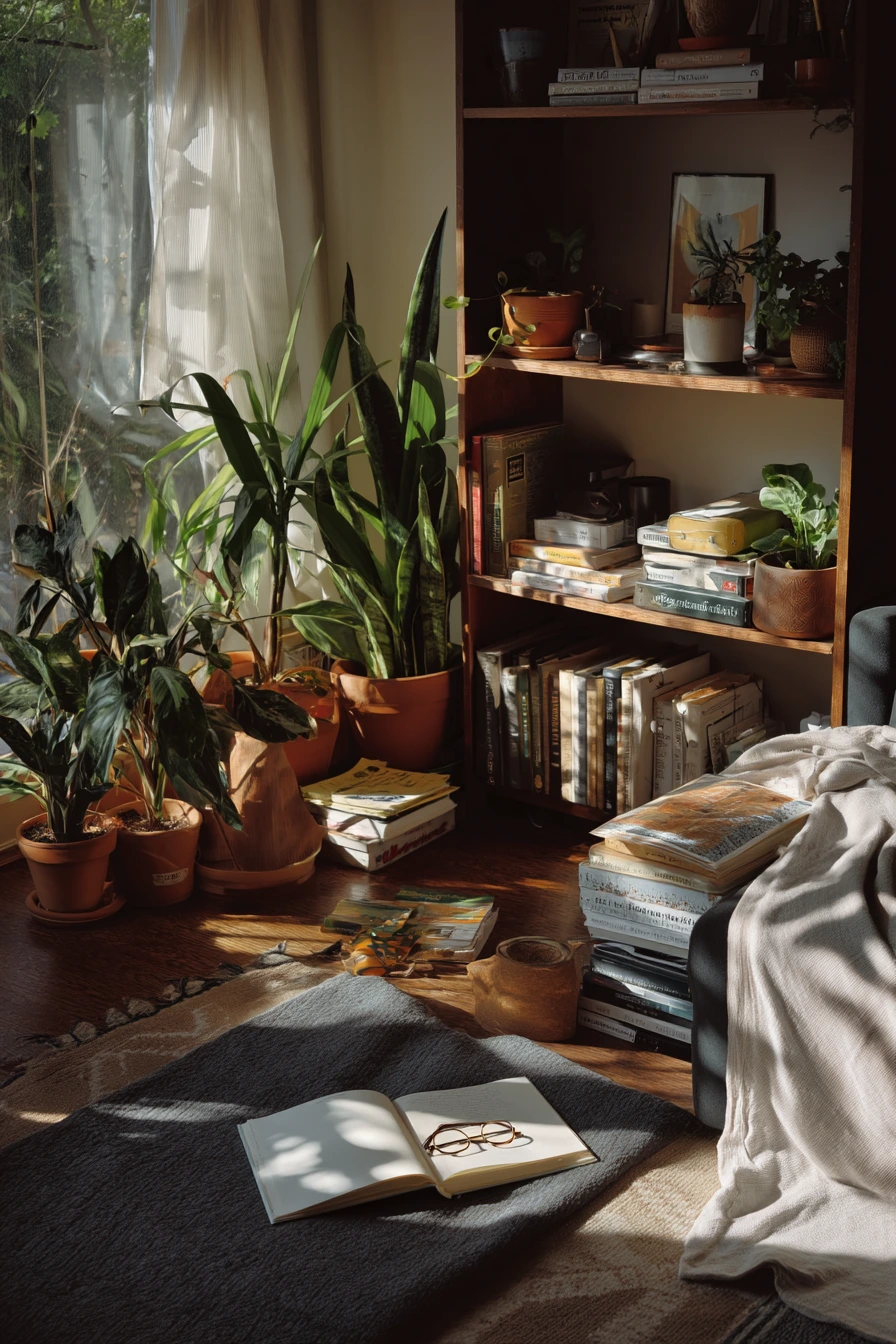 Plant-Filled Reading Room with Gentle Chaos