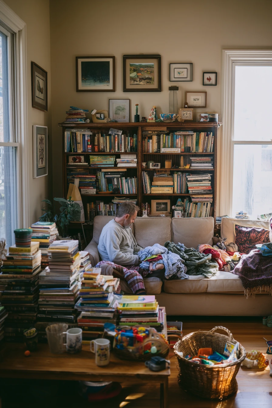 Bookish Family Living Room with Warm Clutter