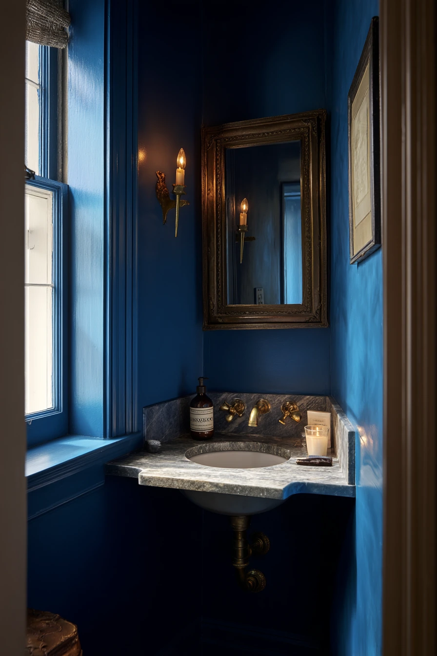 Cobalt Powder Room with Vintage Mirror