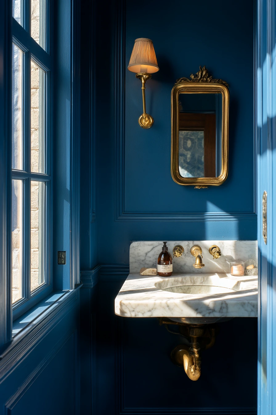 Cobalt Powder Room with Vintage Mirror