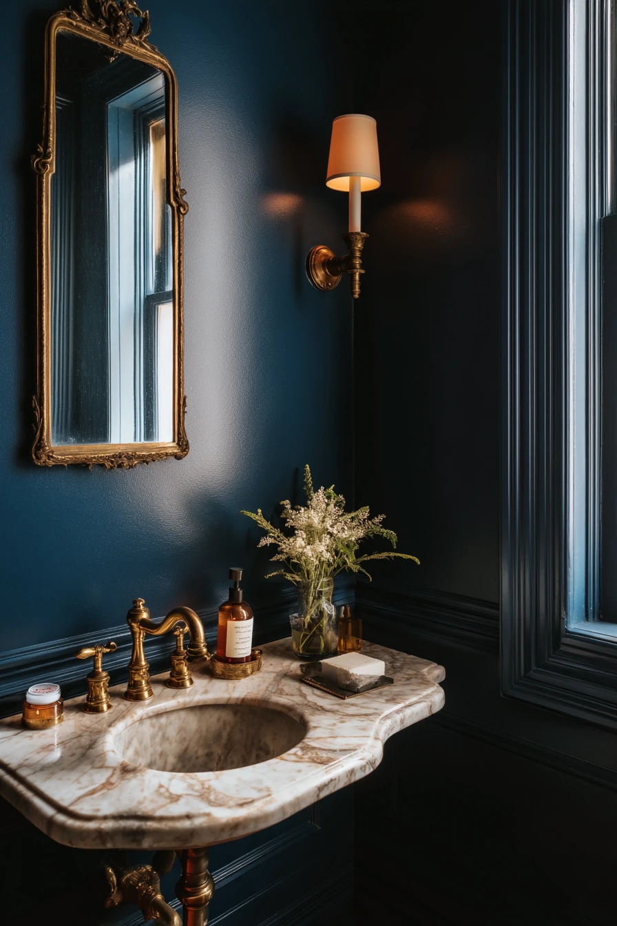 Cobalt Powder Room with Vintage Mirror