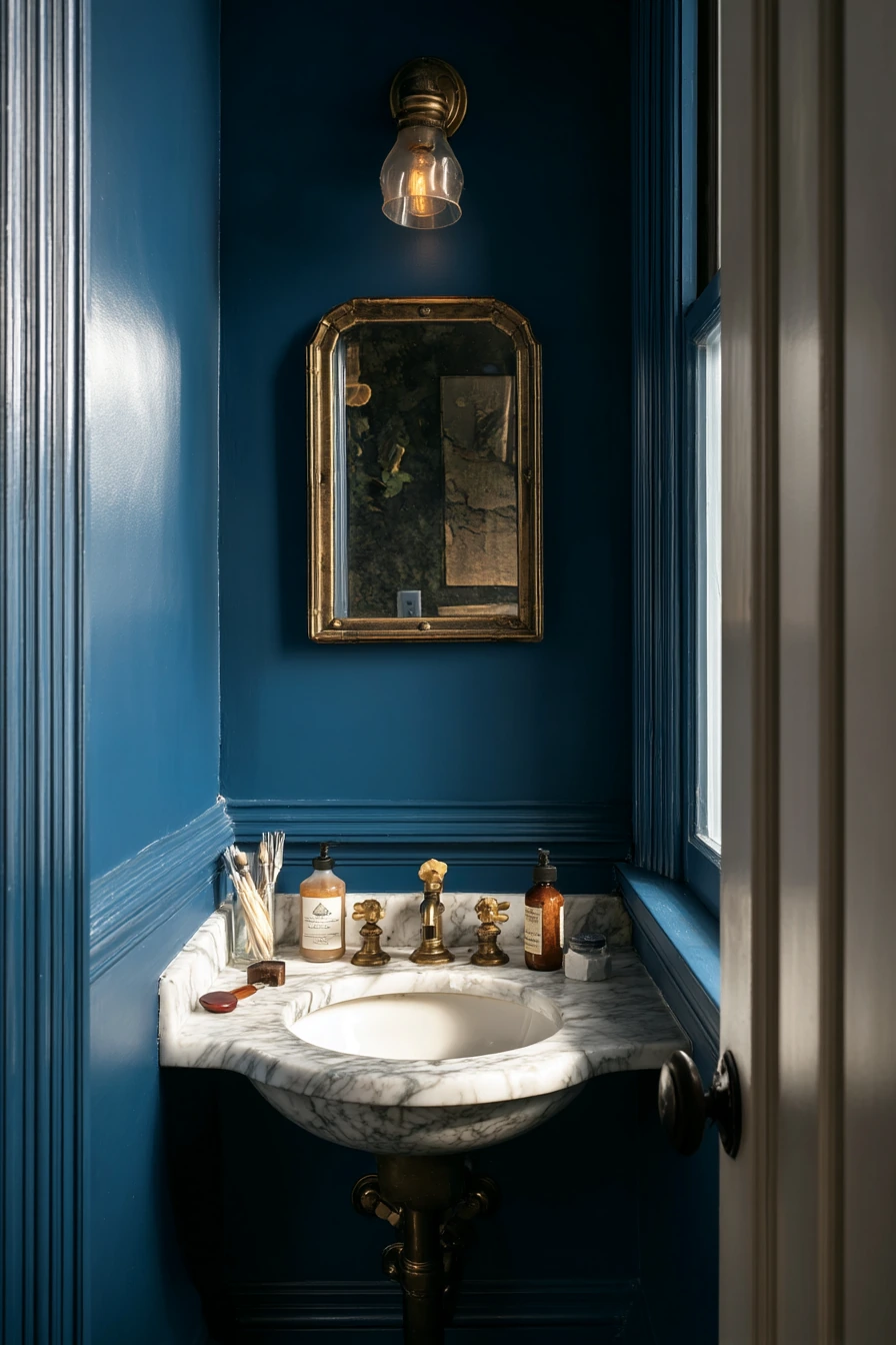 Cobalt Powder Room with Vintage Mirror