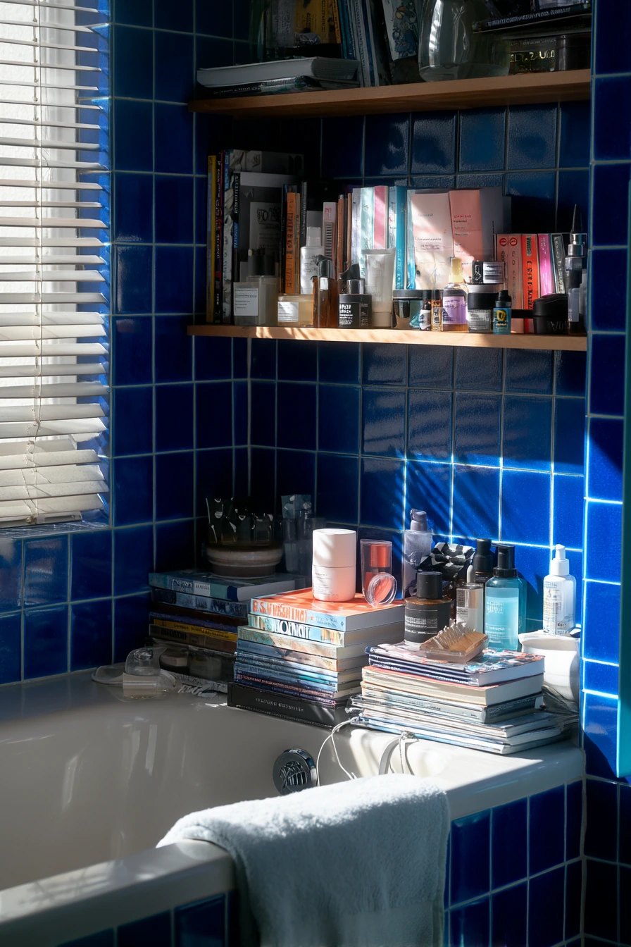 Teen Bathroom with Cobalt Tile and Open Shelves