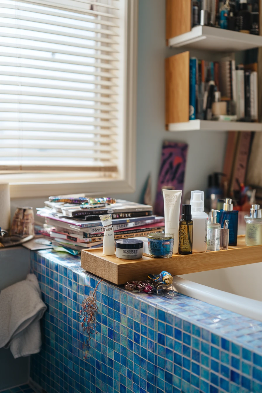 Teen Bathroom with Cobalt Tile and Open Shelves