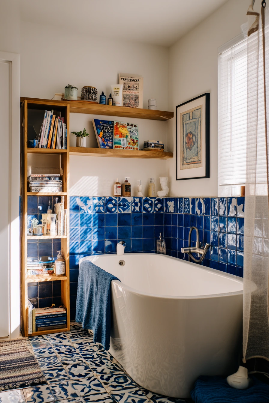 Teen Bathroom with Cobalt Tile and Open Shelves