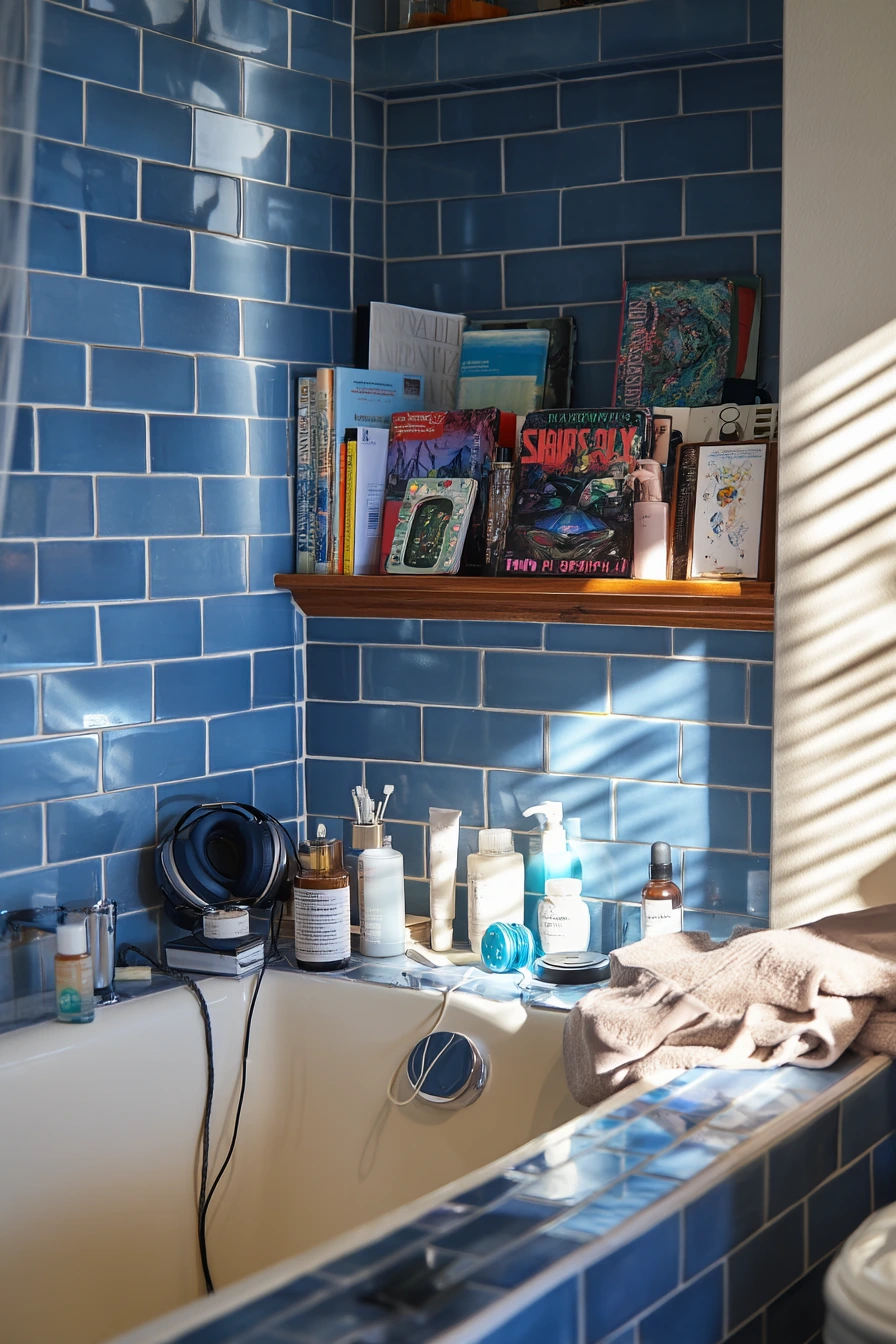 Teen Bathroom with Cobalt Tile and Open Shelves