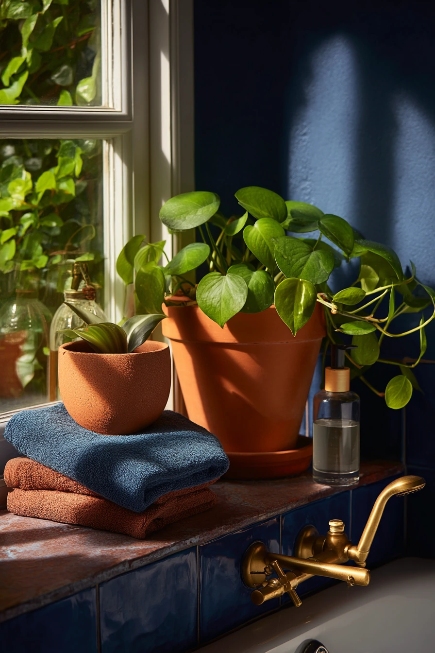 Cobalt Blue and Brass Bath with Plants