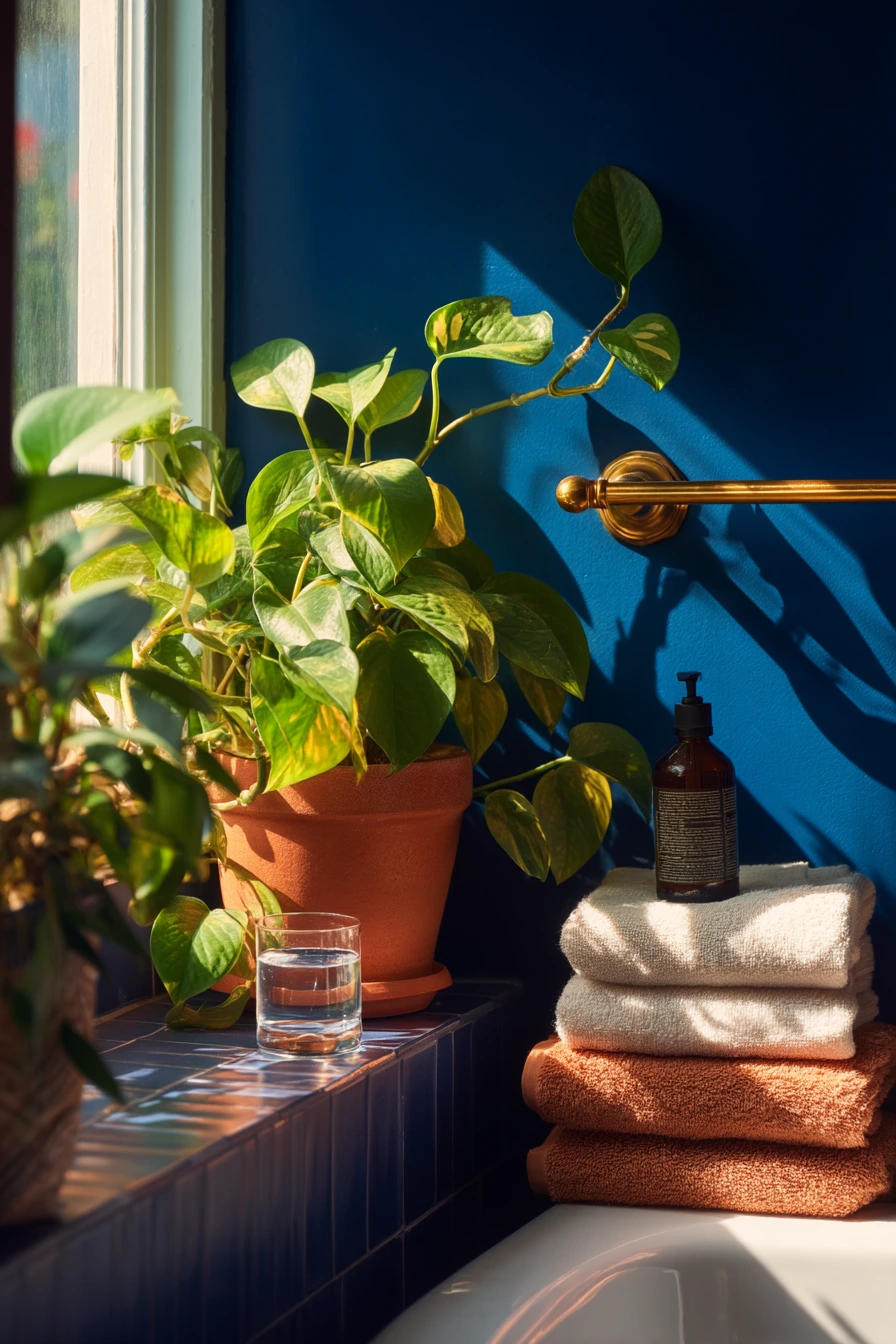 Cobalt Blue and Brass Bath with Plants