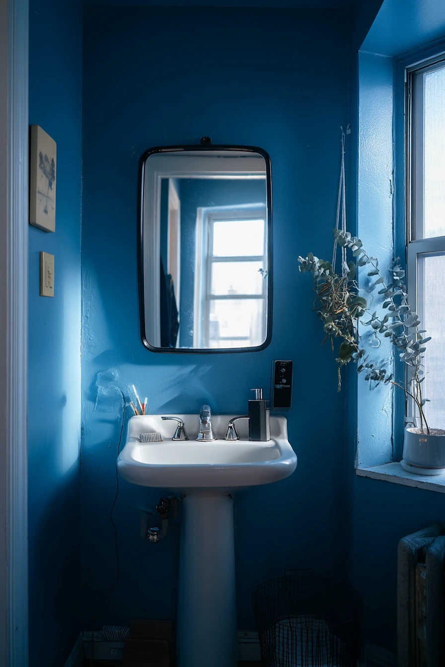 Small Apartment Bath with Cobalt Blue Wall Paint