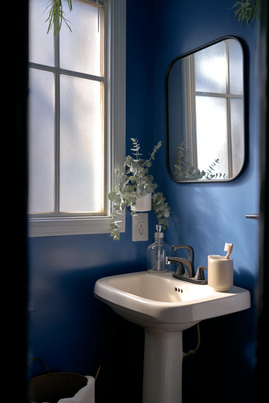 Small Apartment Bath with Cobalt Blue Wall Paint