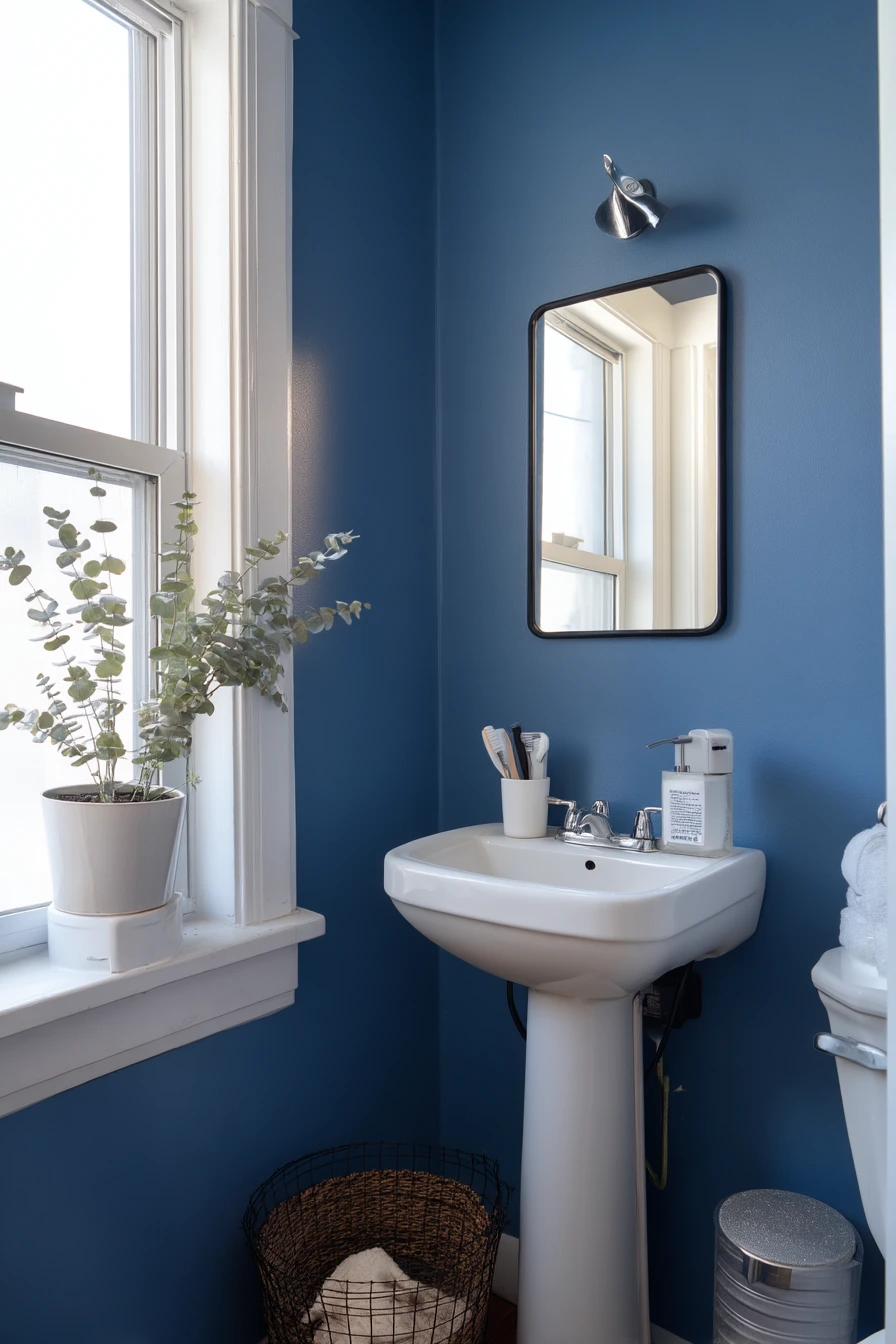 Small Apartment Bath with Cobalt Blue Wall Paint