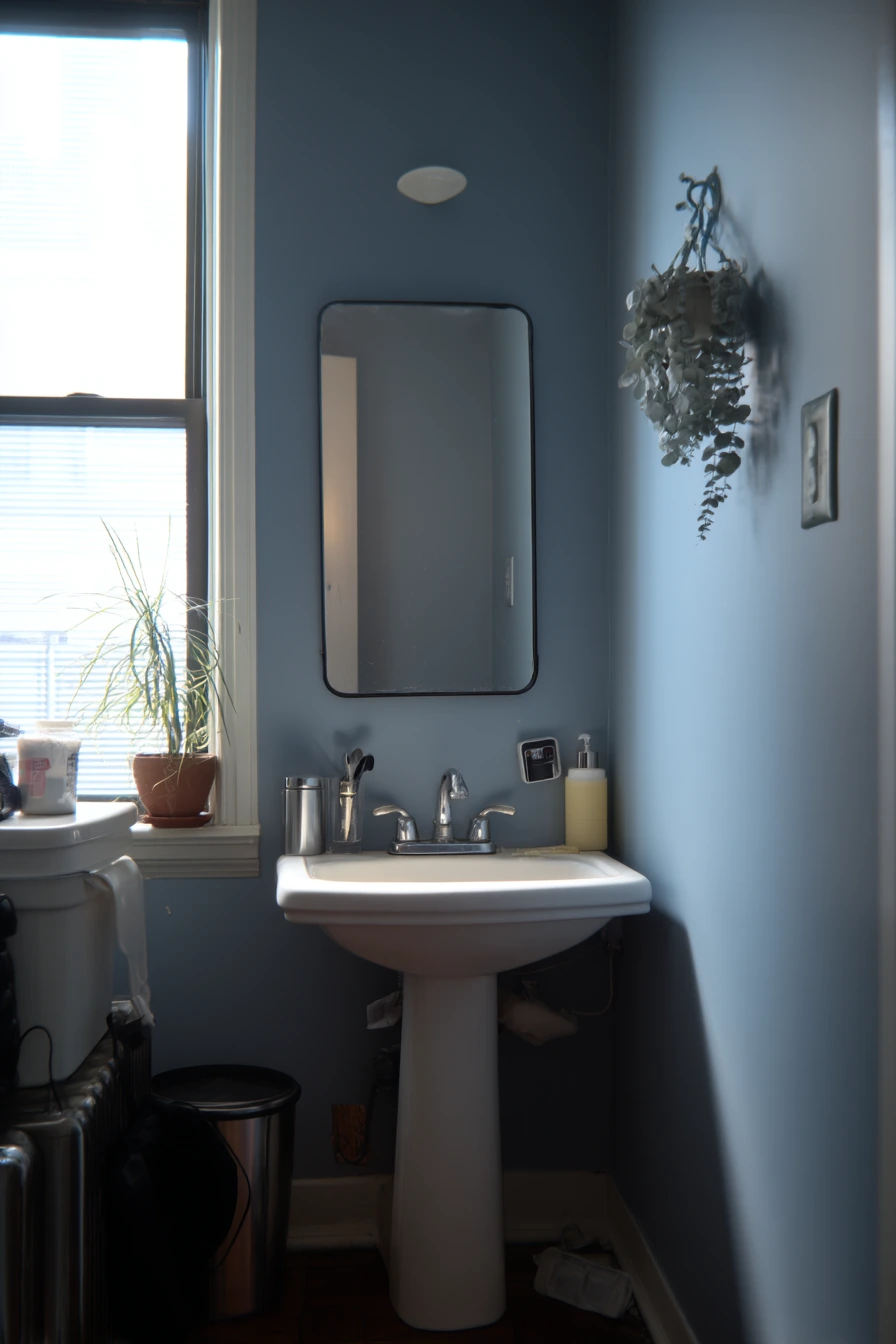 Small Apartment Bath with Cobalt Blue Wall Paint