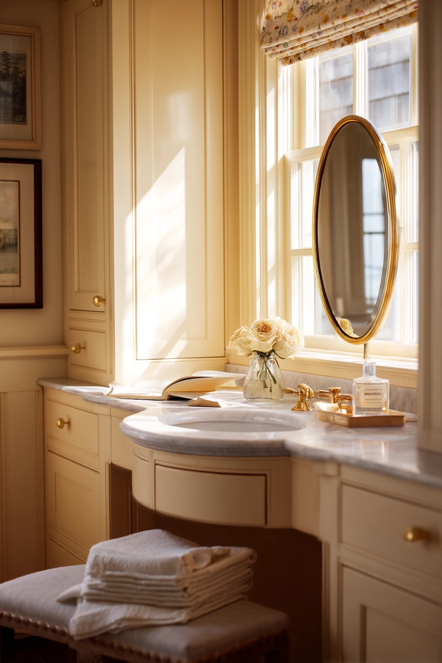 Primary Bath with Vintage Vanity and Window Seat