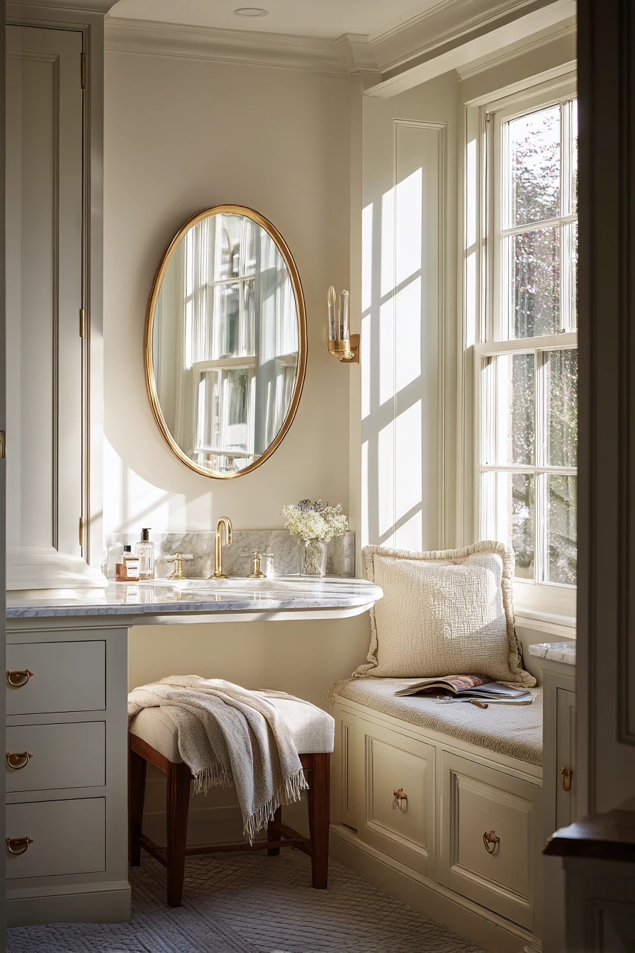 Primary Bath with Vintage Vanity and Window Seat