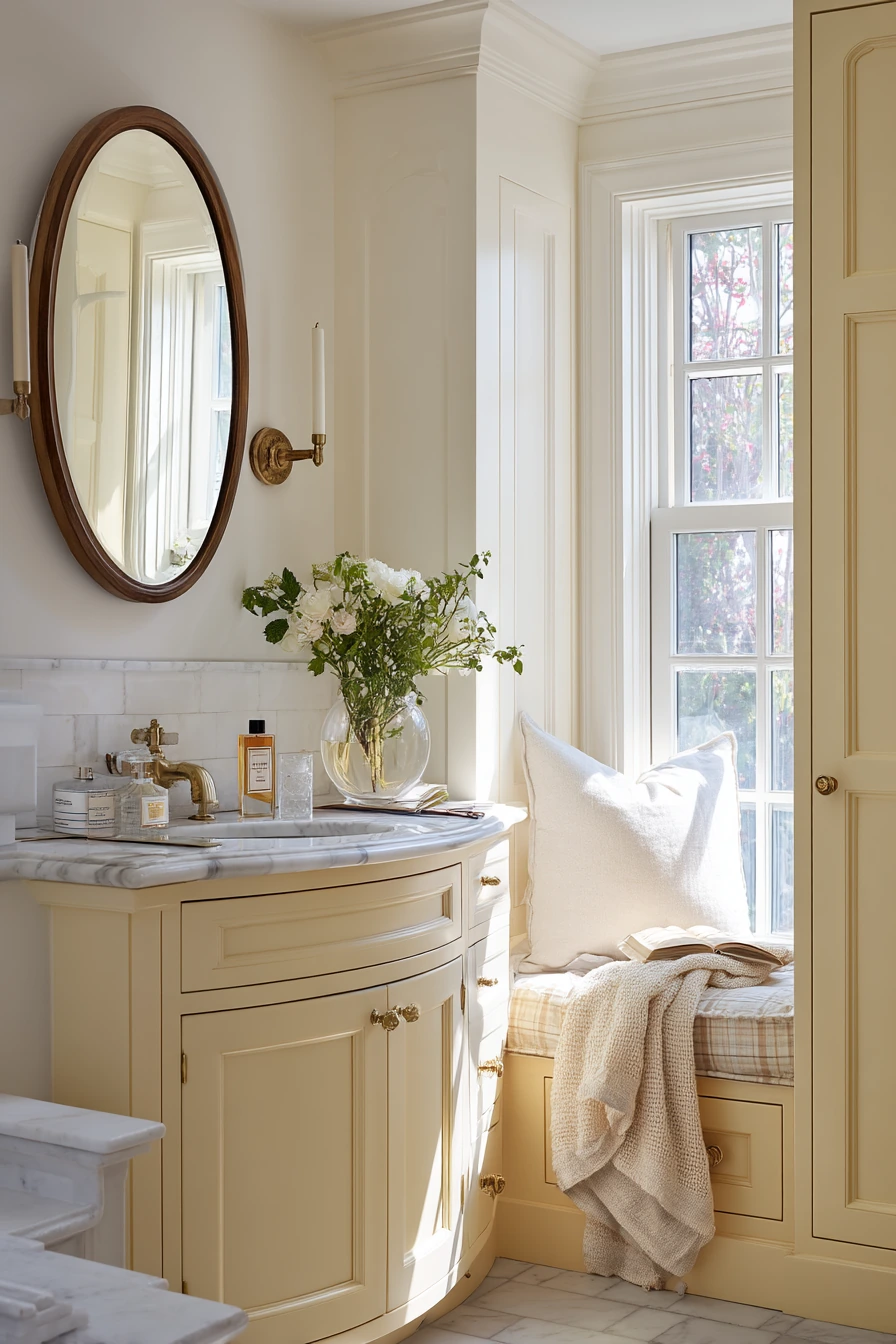 Primary Bath with Vintage Vanity and Window Seat