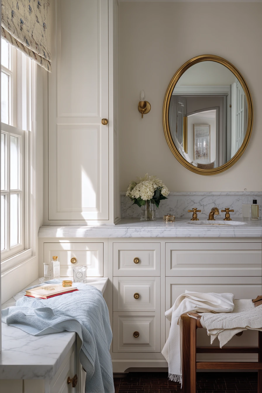 Primary Bath with Vintage Vanity and Window Seat