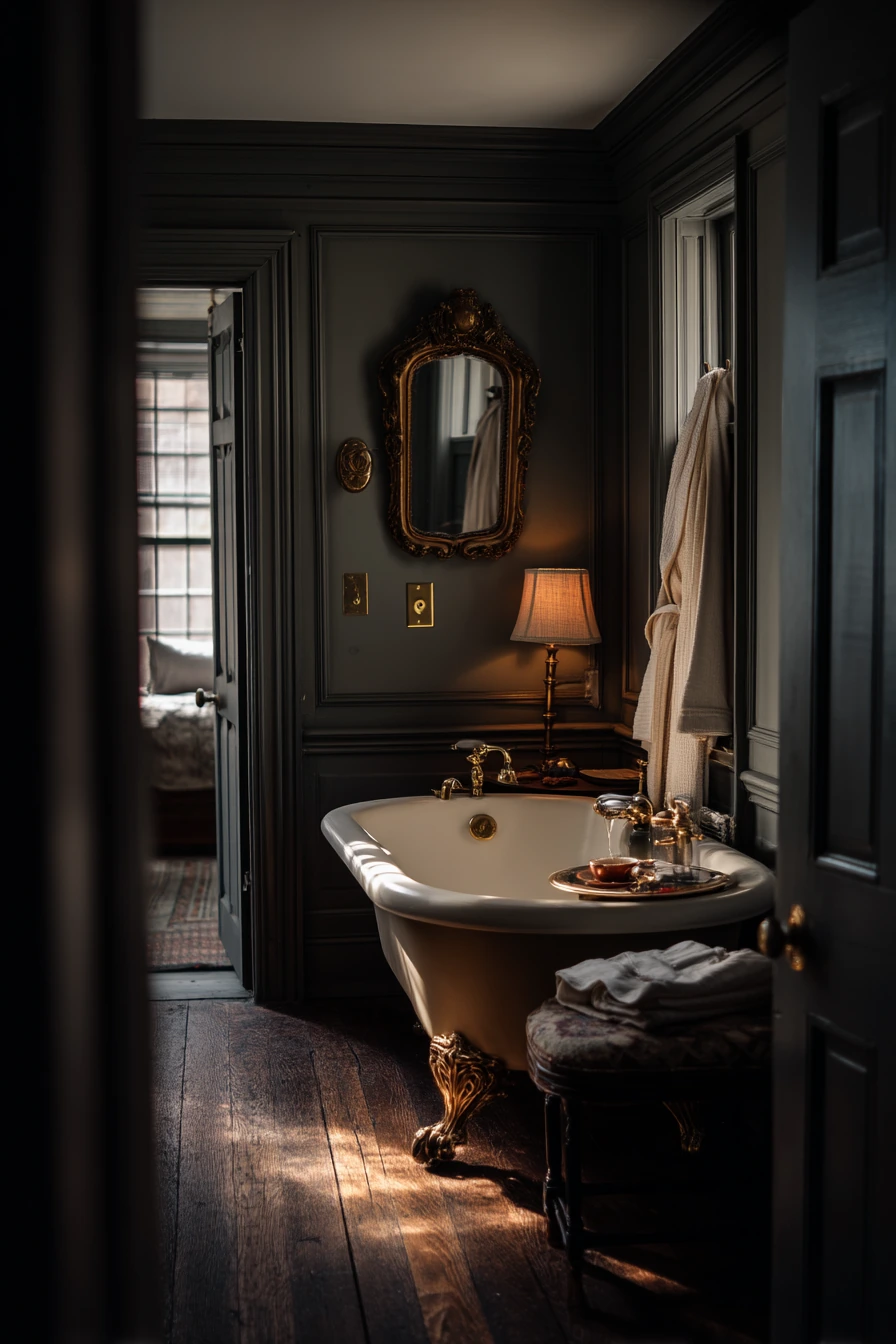 Romantic Colonial Ensuite with Dark Paint