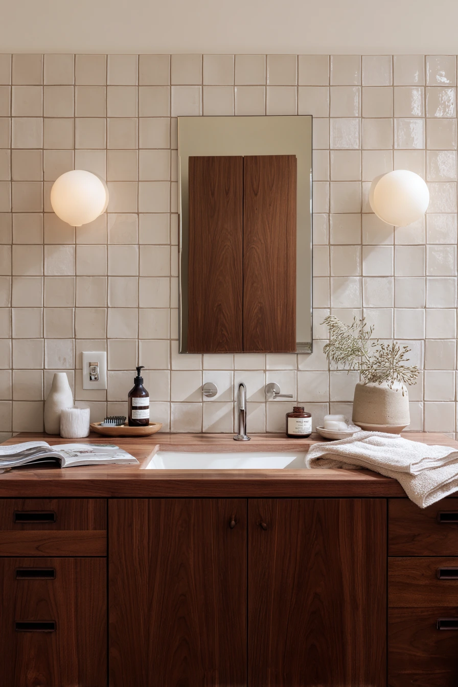 Terracotta Grout Behind a Busy Double Vanity