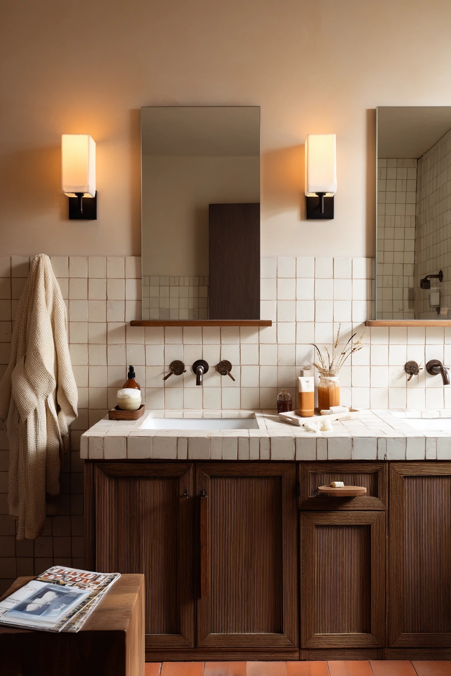 Terracotta Grout Behind a Busy Double Vanity