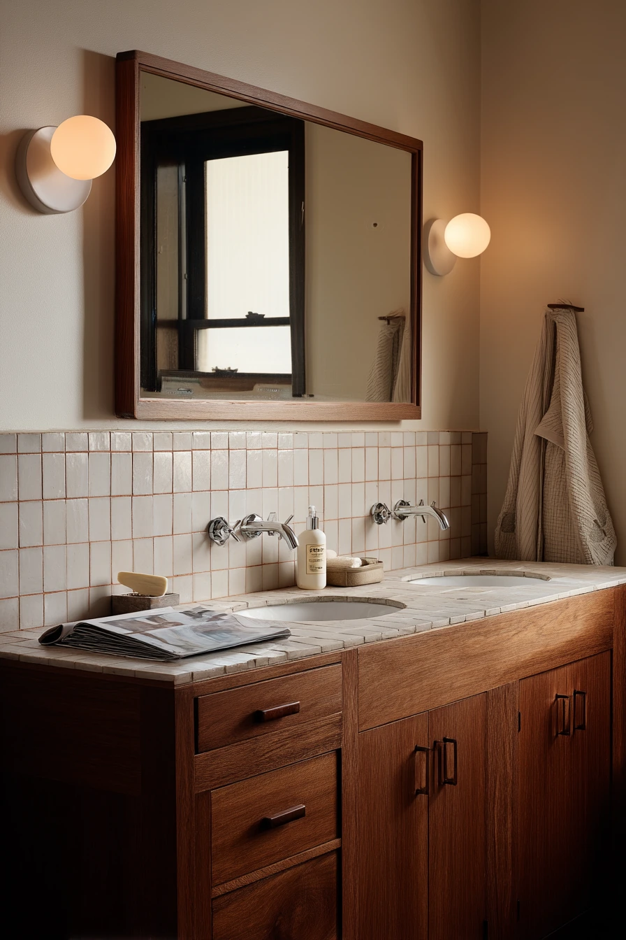 Terracotta Grout Behind a Busy Double Vanity