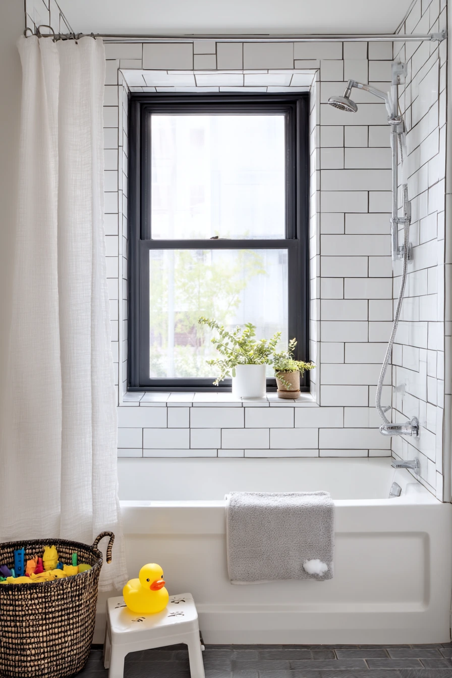 Charcoal Grout in a Small Kid-First Bath