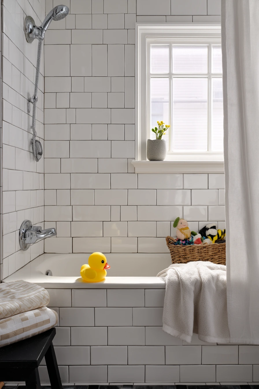 Charcoal Grout in a Small Kid-First Bath