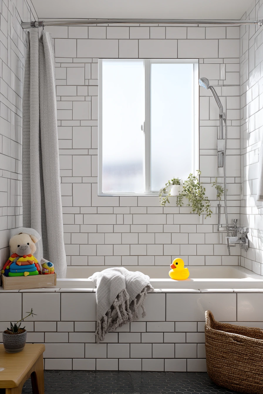 Charcoal Grout in a Small Kid-First Bath