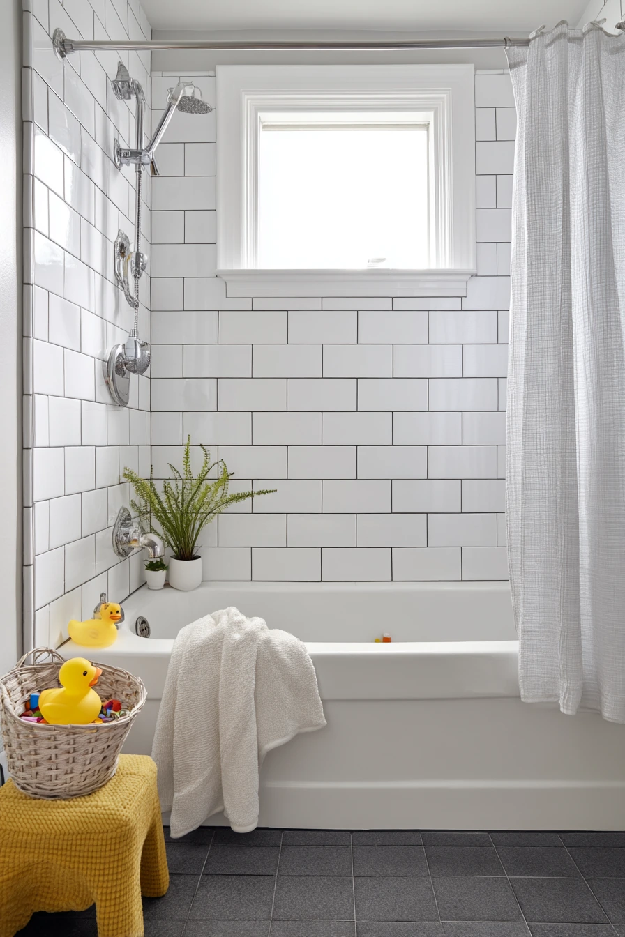 Charcoal Grout in a Small Kid-First Bath