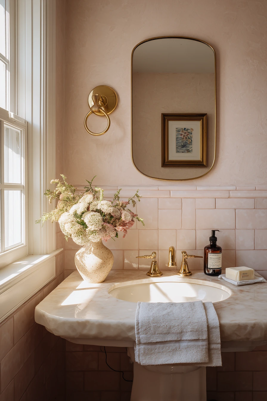 Blush Pink Grout in a Quiet Powder Room