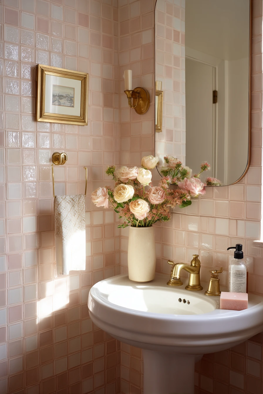 Blush Pink Grout in a Quiet Powder Room