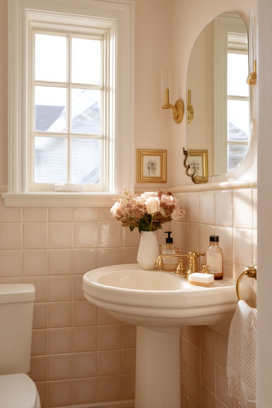 Blush Pink Grout in a Quiet Powder Room