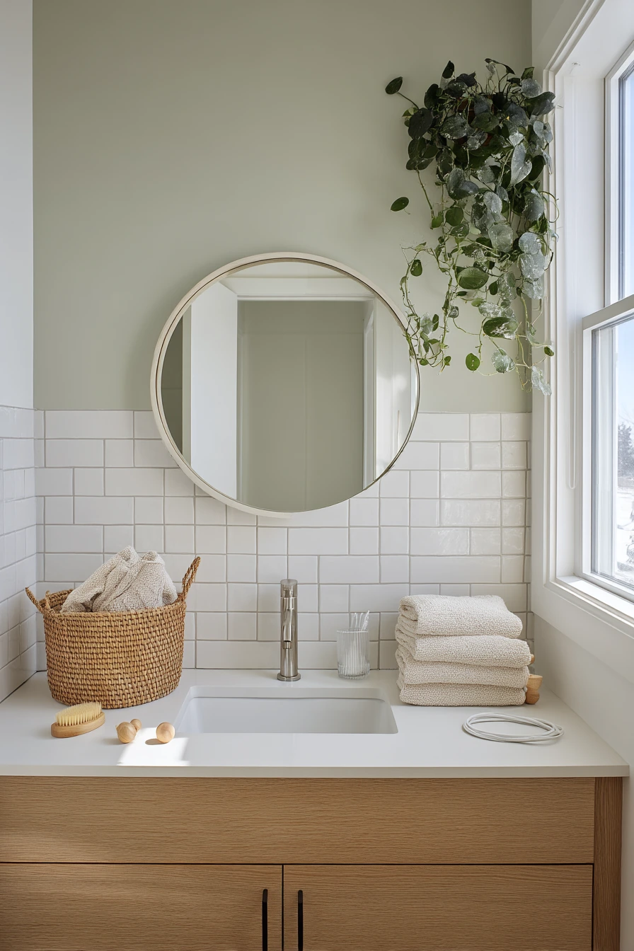 Soft Sage Subway Bath with Everyday Clutter