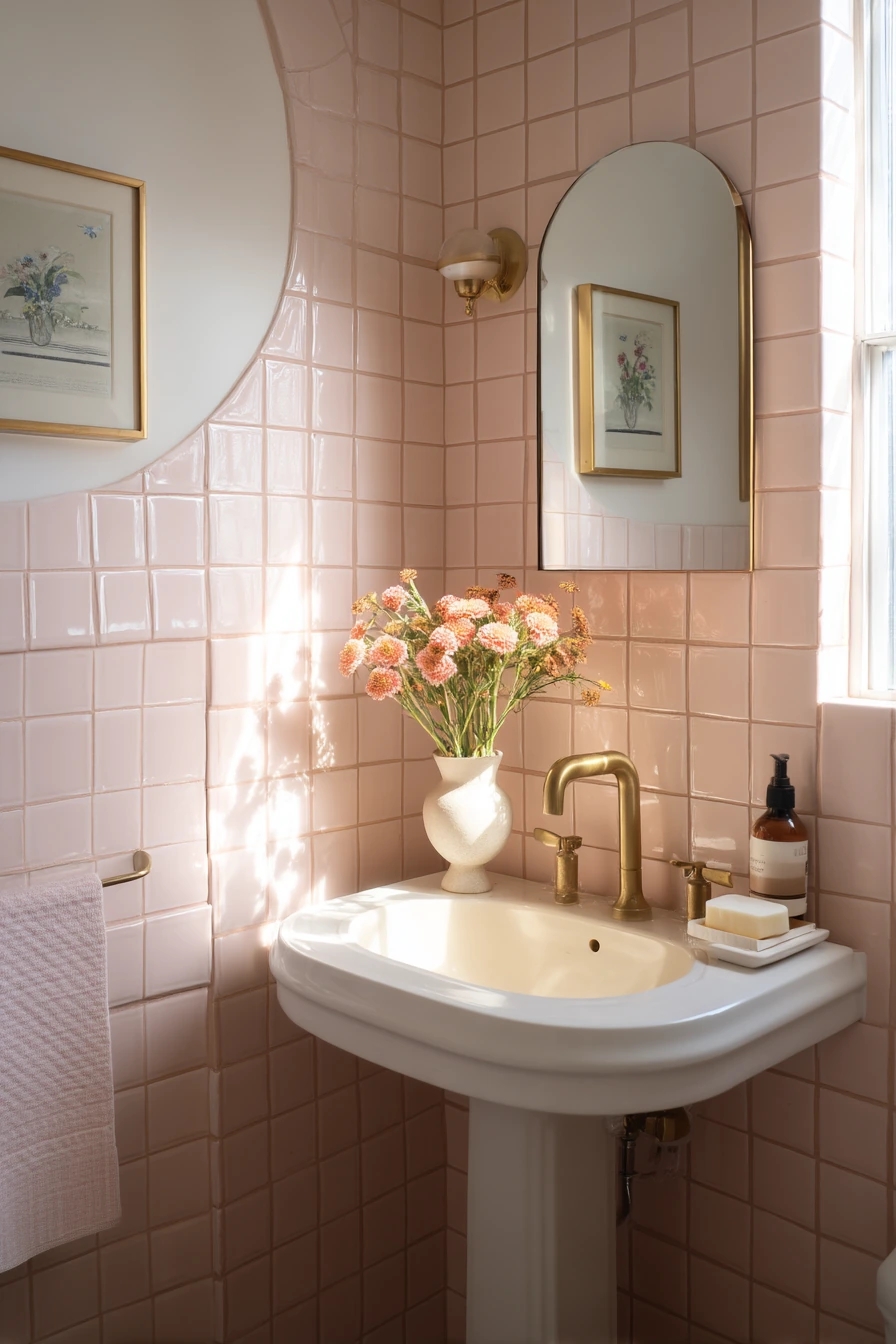 Blush Pink Grout in a Quiet Powder Room
