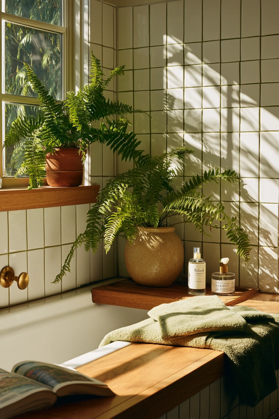 Moss Grout in a Plant-Filled Morning Bathroom