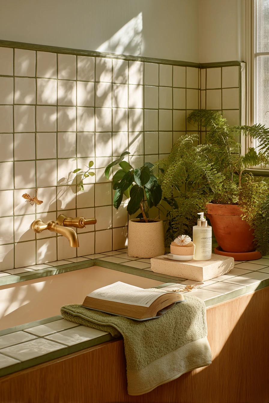 Moss Grout in a Plant-Filled Morning Bathroom