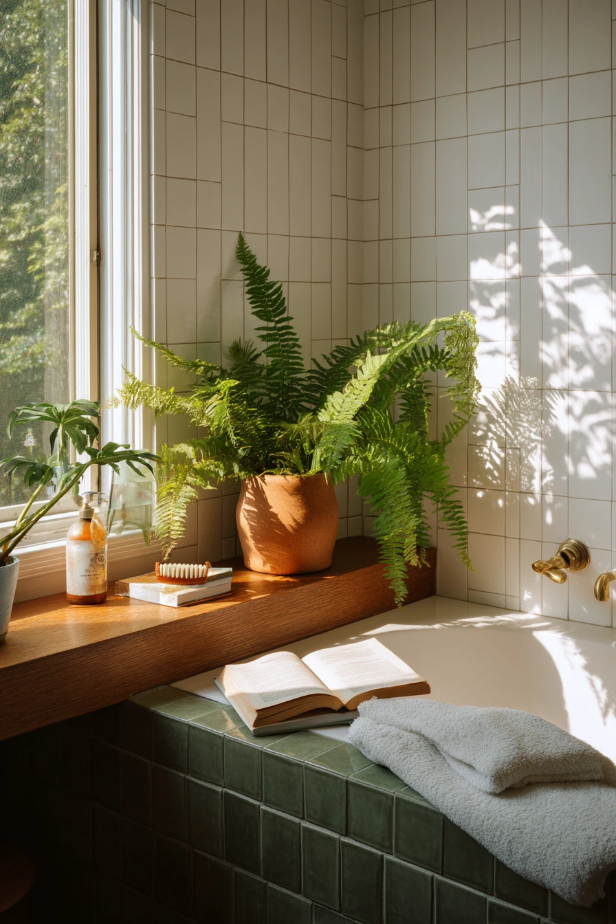 Moss Grout in a Plant-Filled Morning Bathroom