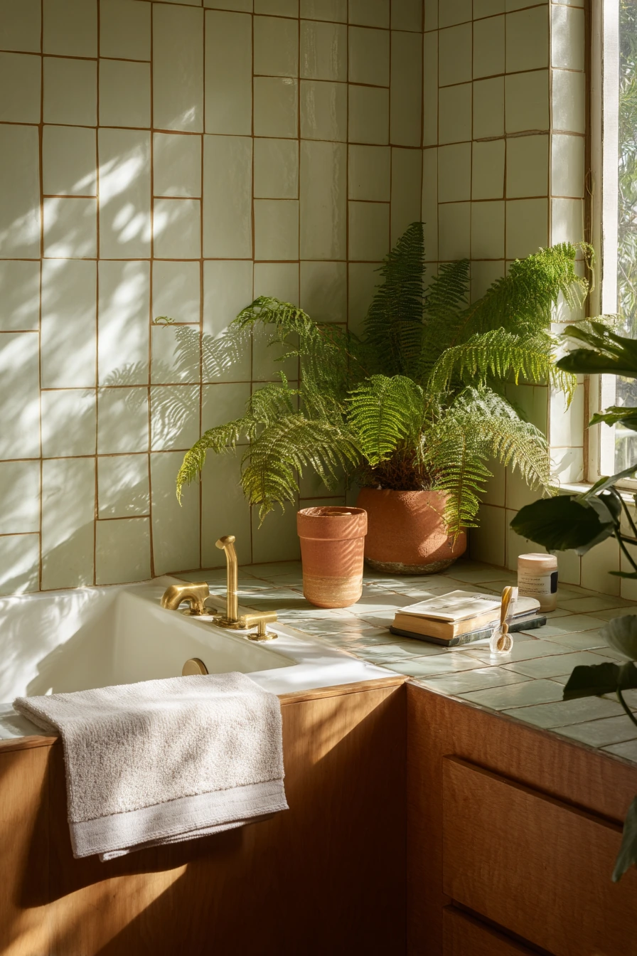Moss Grout in a Plant-Filled Morning Bathroom