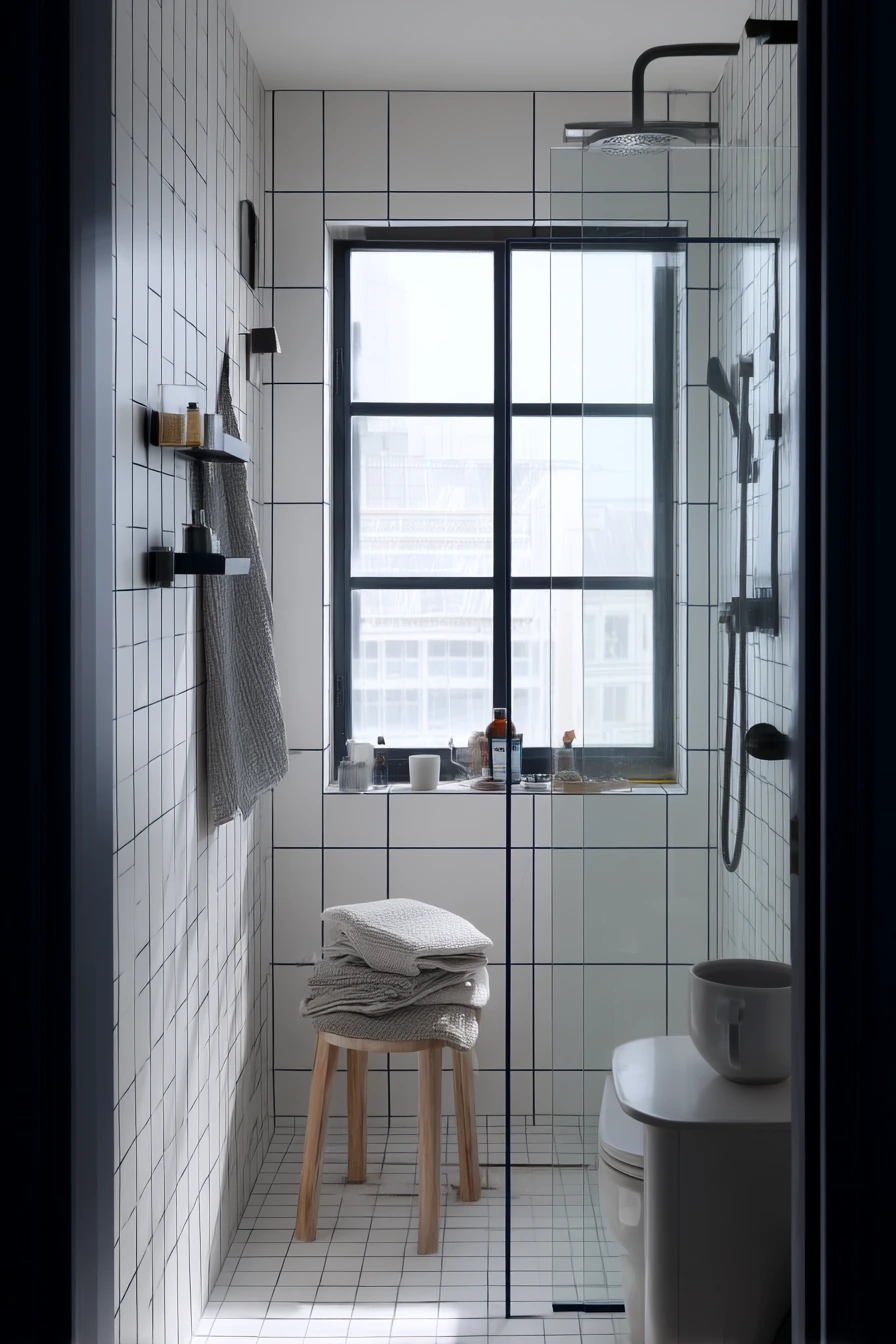 Navy Grout in a Narrow Urban Bath