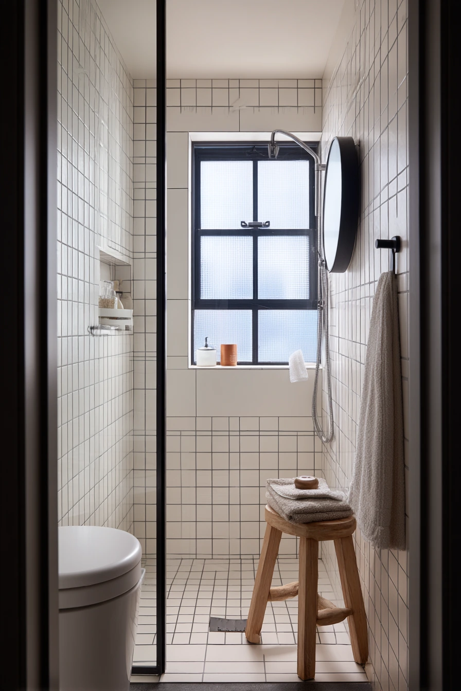 Navy Grout in a Narrow Urban Bath