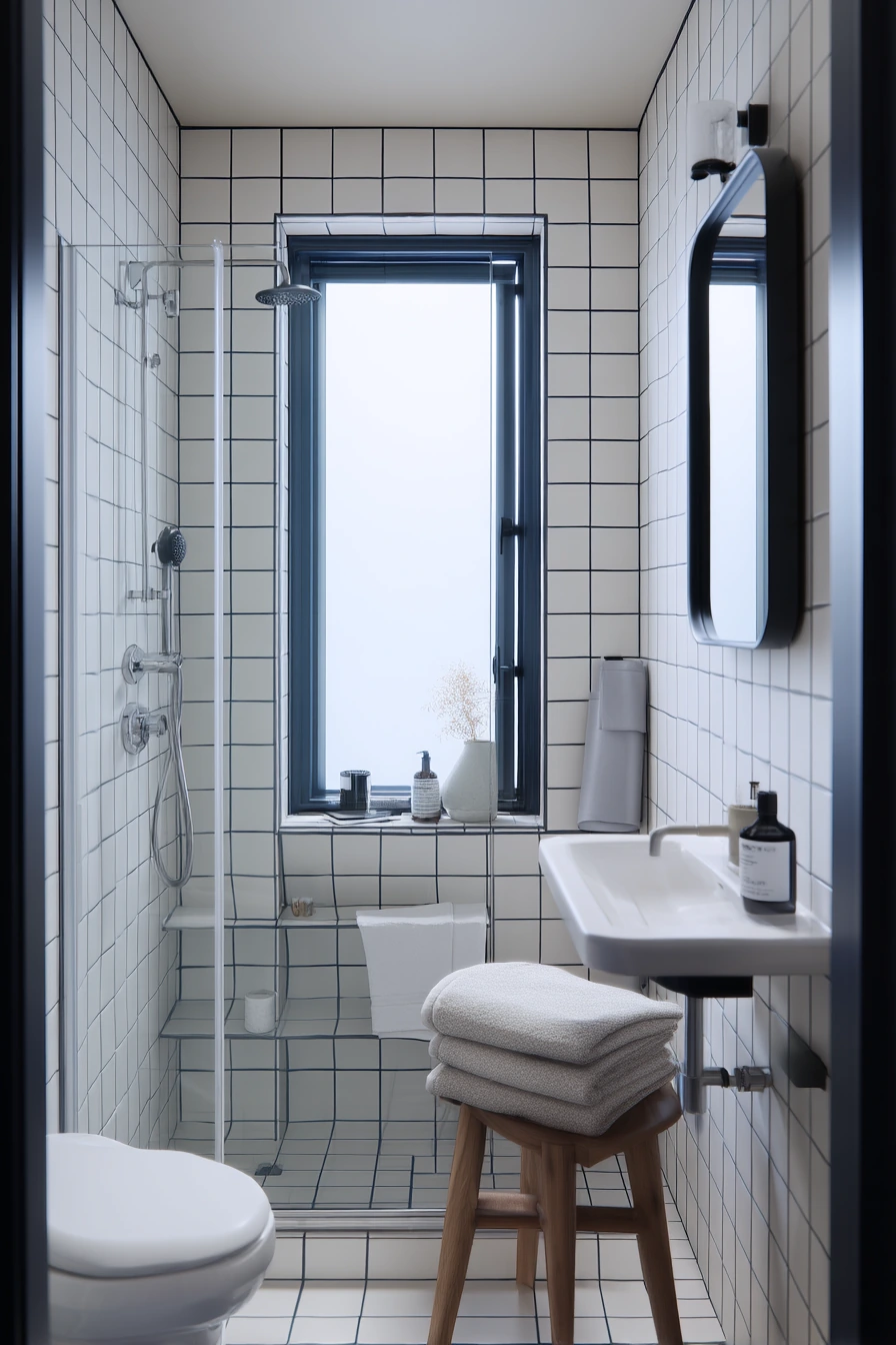 Navy Grout in a Narrow Urban Bath