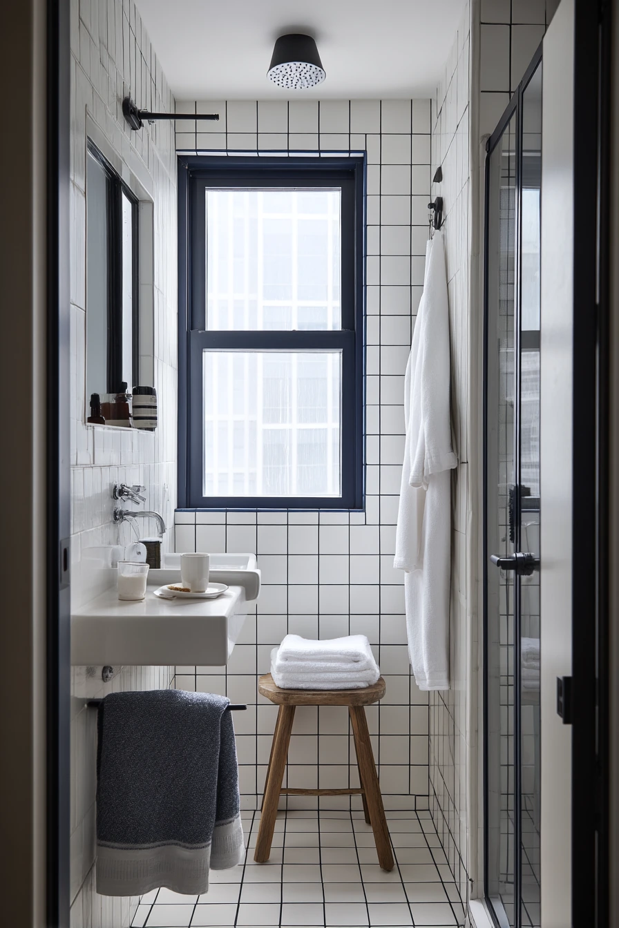 Navy Grout in a Narrow Urban Bath