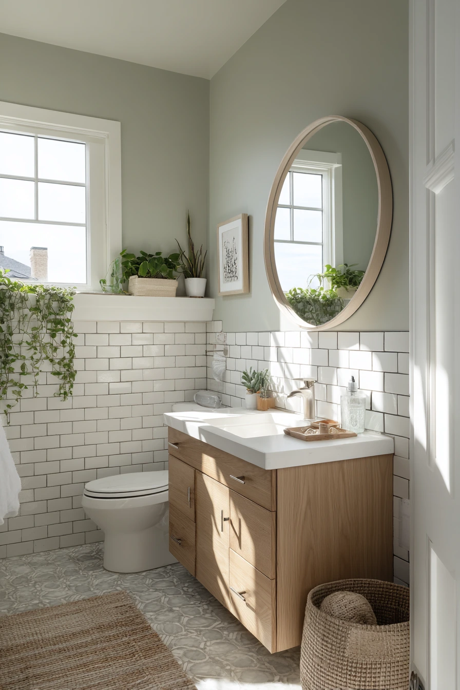 Soft Sage Subway Bath with Everyday Clutter