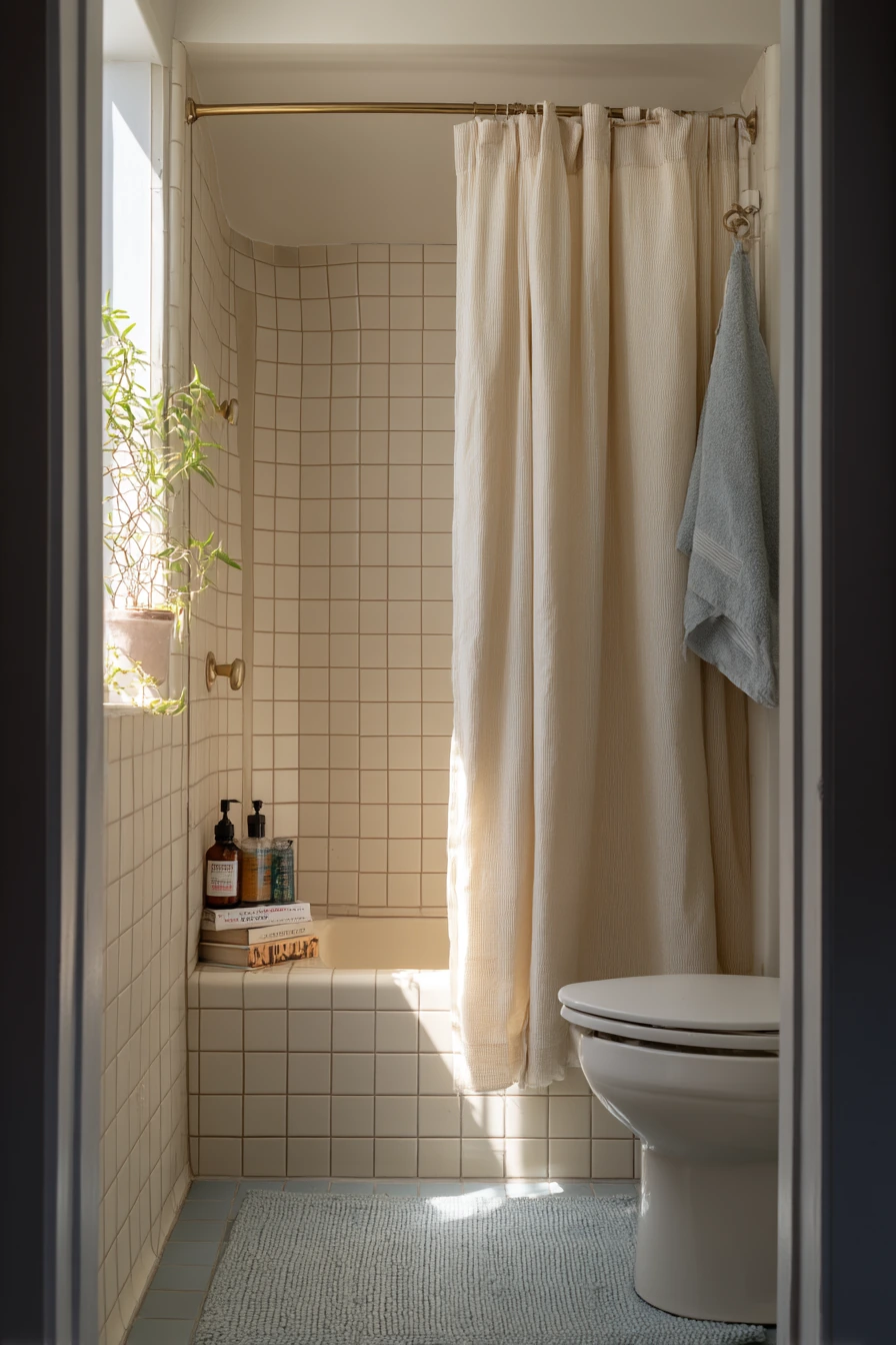 Dusty Blue Grout in a Renter-Friendly Shower Nook
