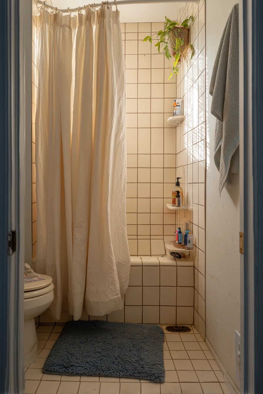 Dusty Blue Grout in a Renter-Friendly Shower Nook