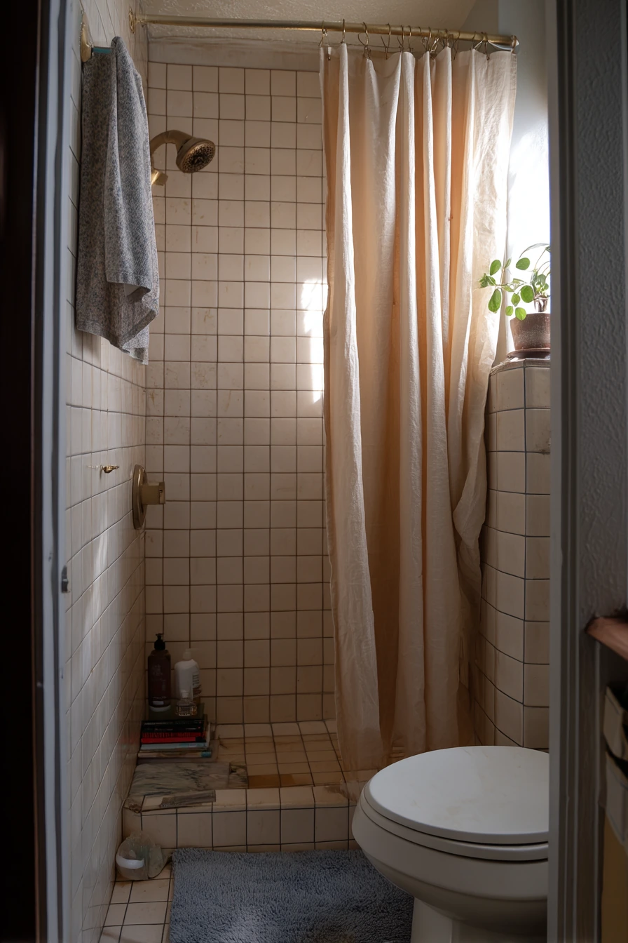 Dusty Blue Grout in a Renter-Friendly Shower Nook