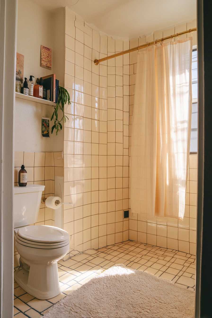 Dusty Blue Grout in a Renter-Friendly Shower Nook